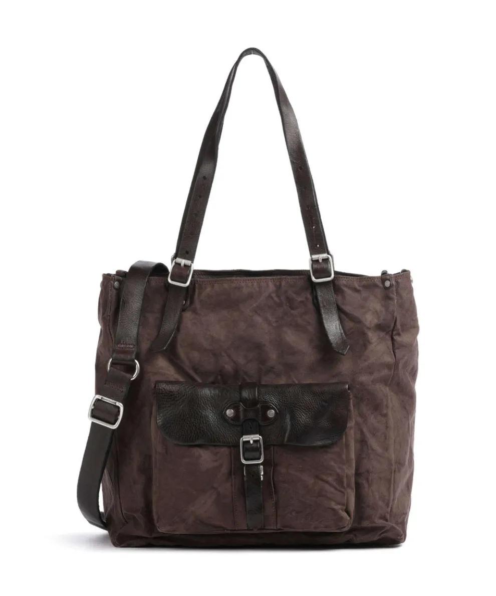 Tote bag cotton, grained cow leather dark brown