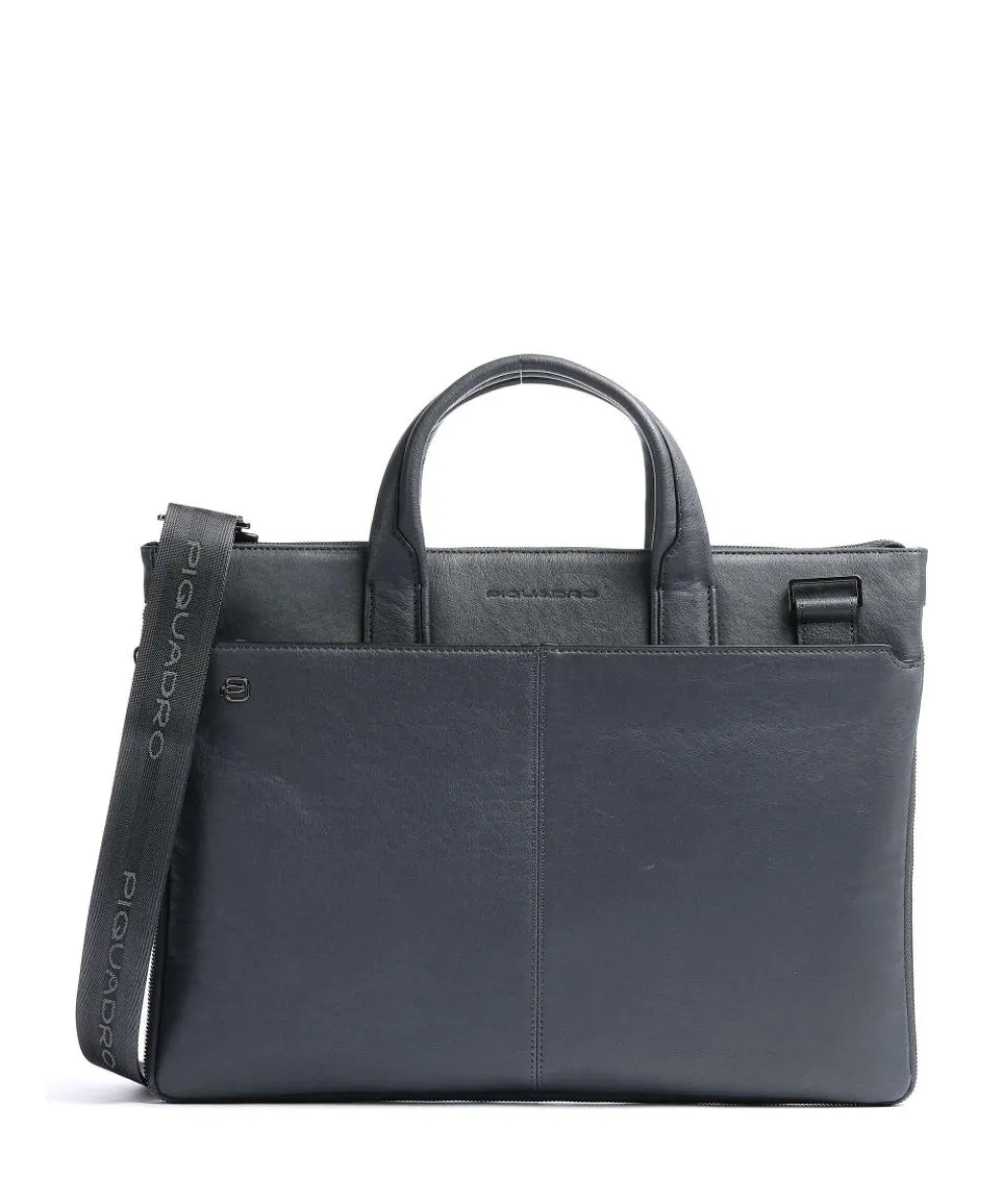 Black Square Briefcase 15″ fine grain leather blue-grey