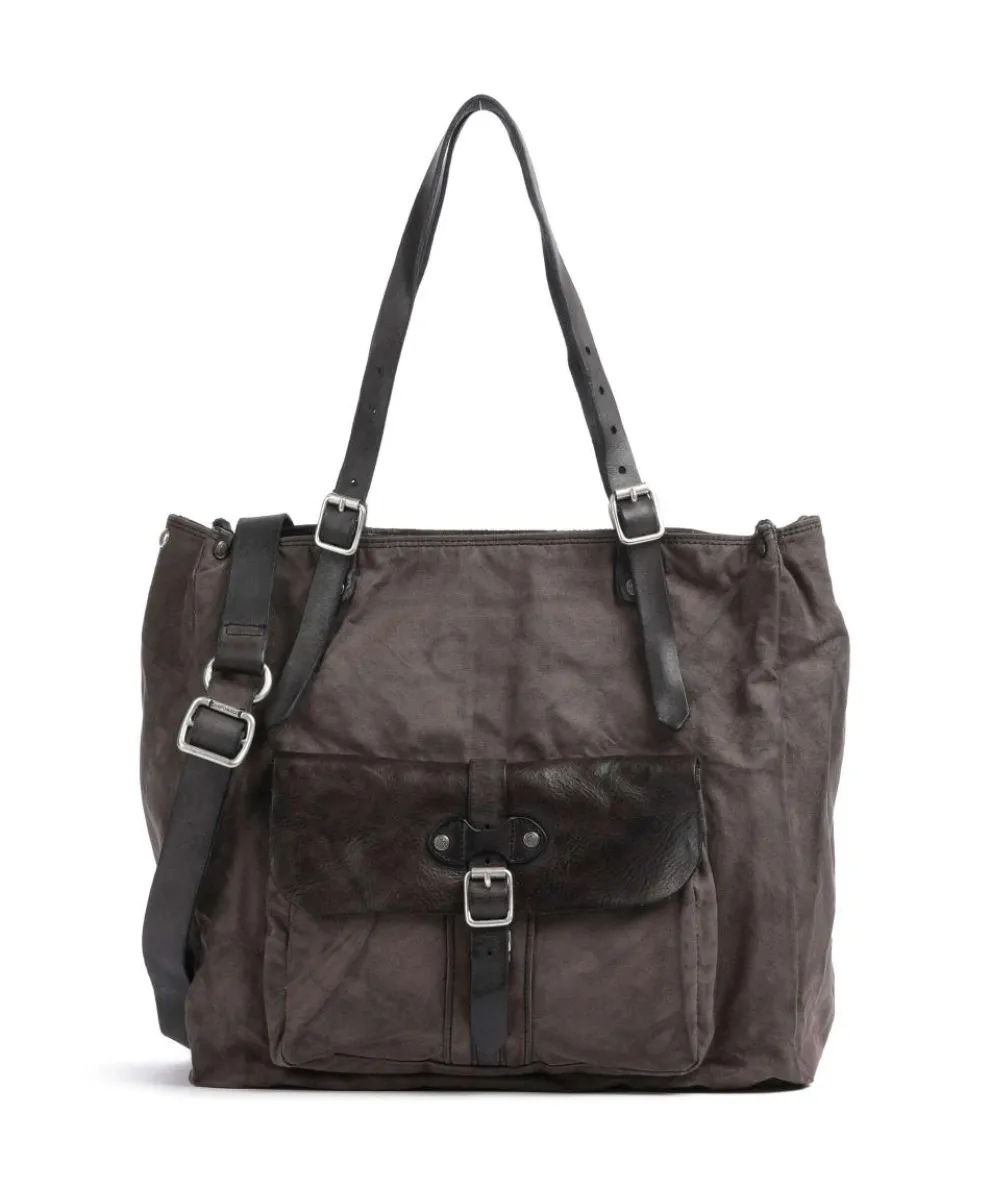 Tote bag cotton, grained cow leather dark grey