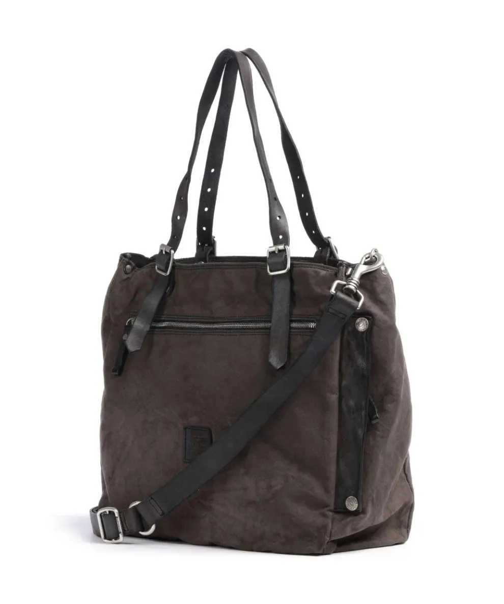 Tote bag cotton, grained cow leather dark grey