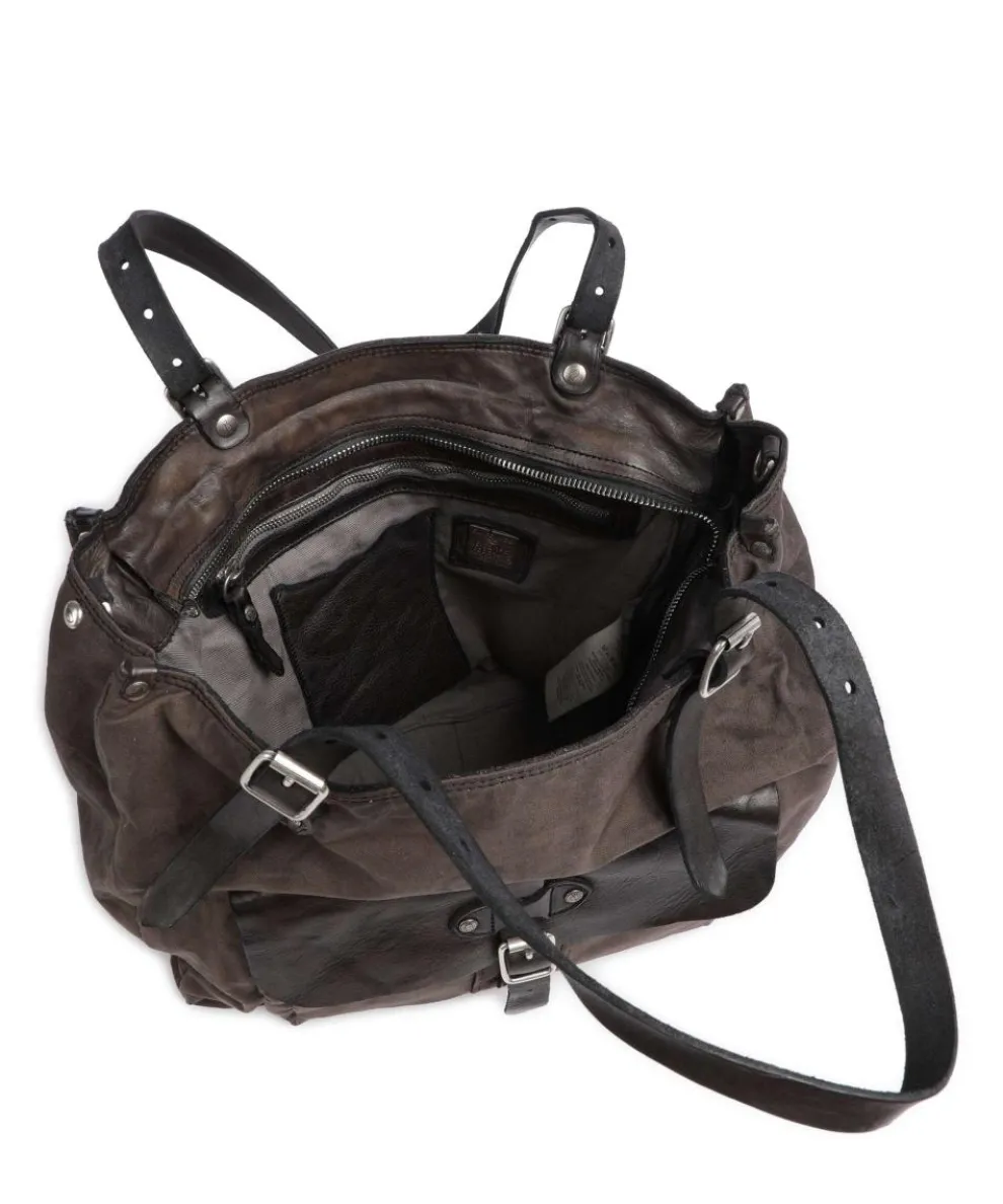Tote bag cotton, grained cow leather dark grey