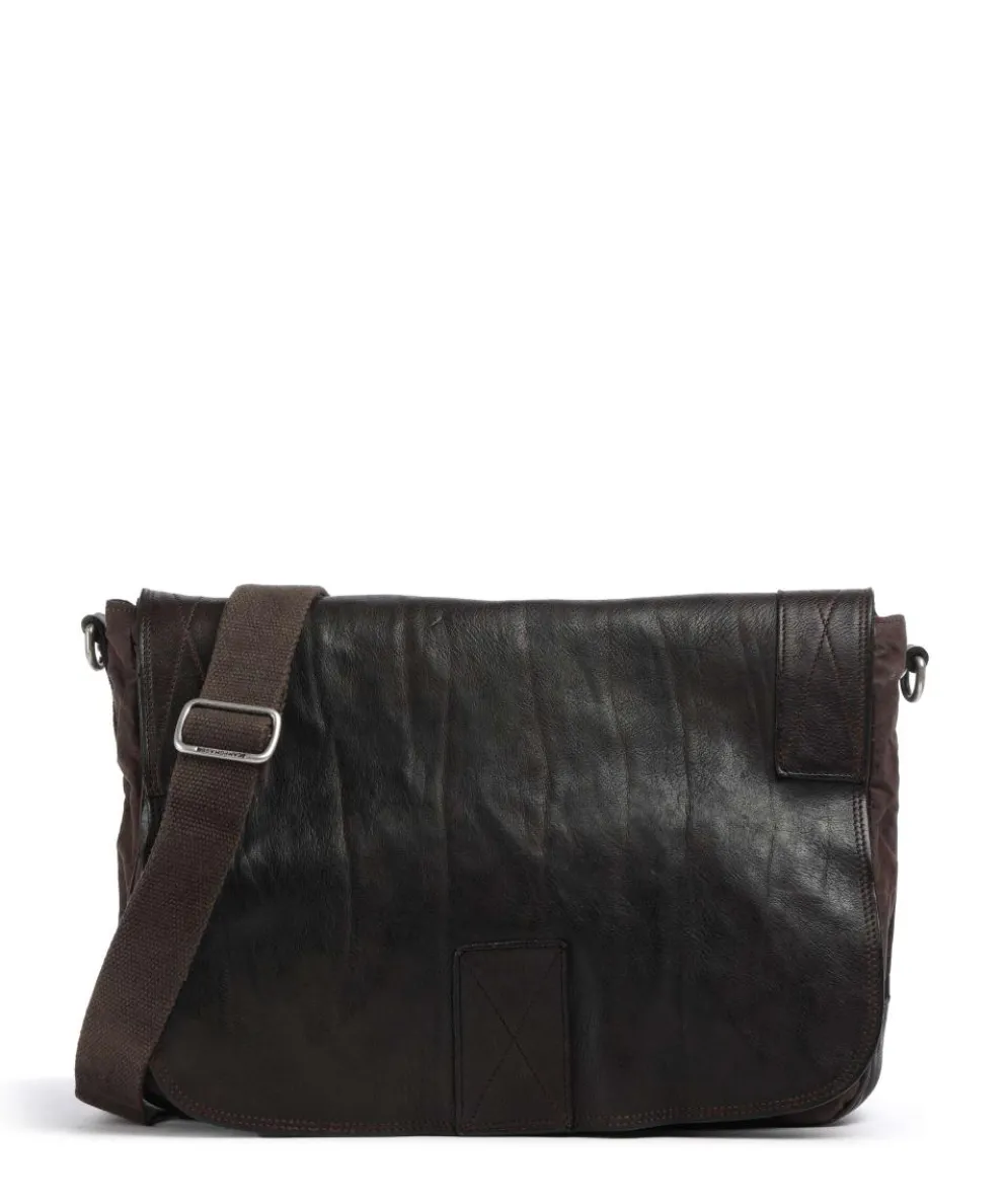 Messenger bag fine grain cow leather, cotton dark brown