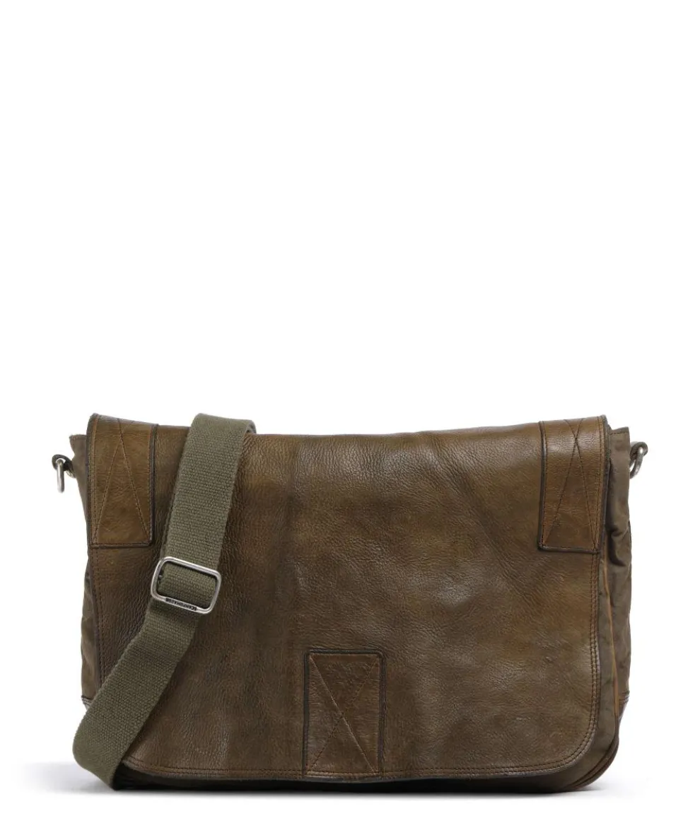 Messenger bag fine grain cow leather, cotton khaki