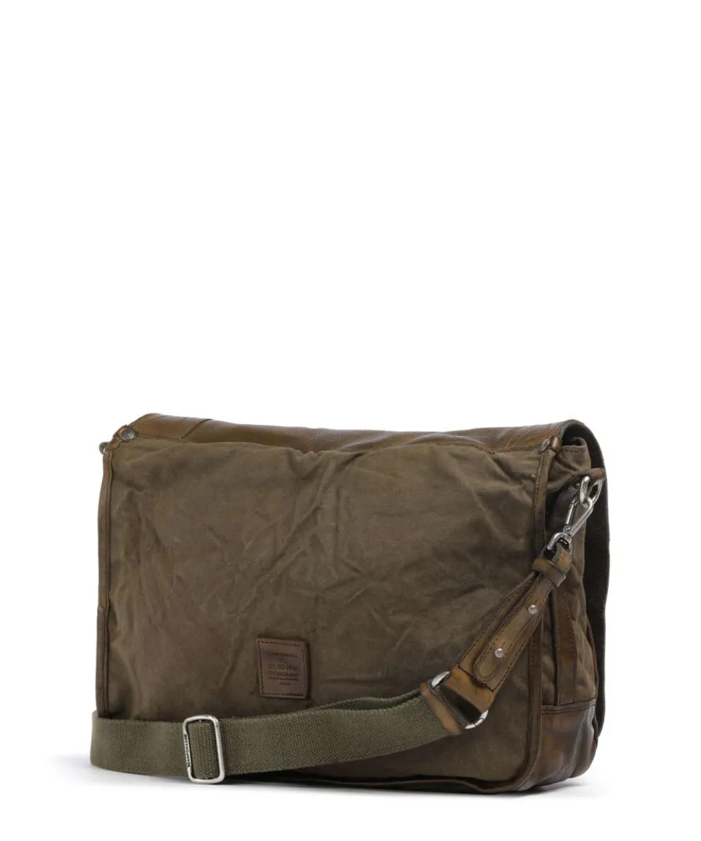 Messenger bag fine grain cow leather, cotton khaki