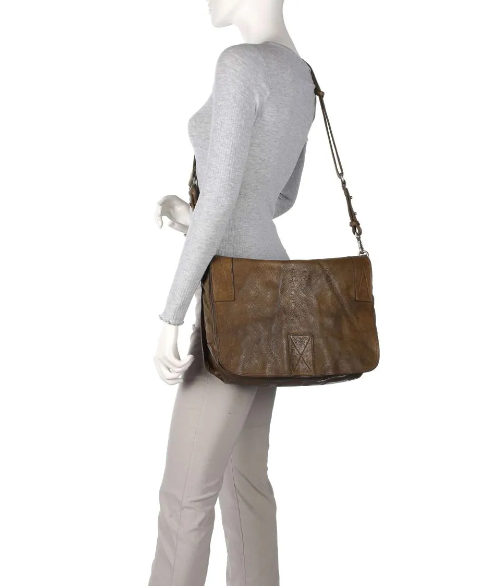 Messenger bag fine grain cow leather, cotton khaki