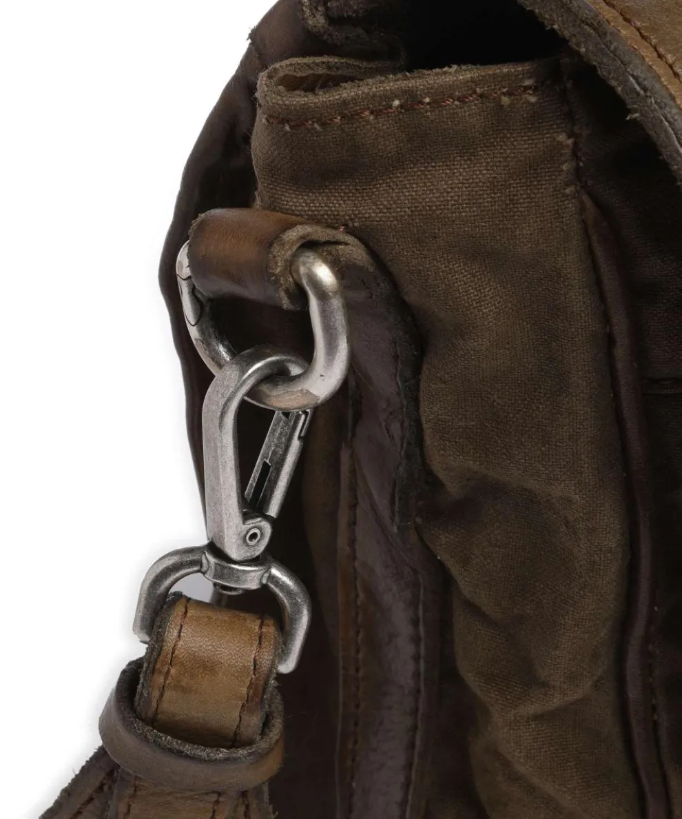 Messenger bag fine grain cow leather, cotton khaki