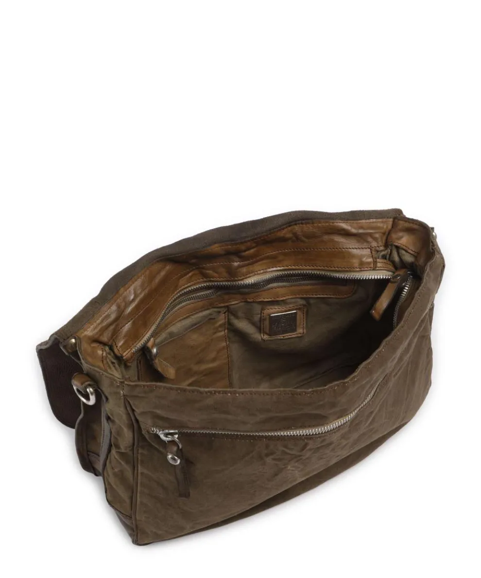 Messenger bag fine grain cow leather, cotton khaki